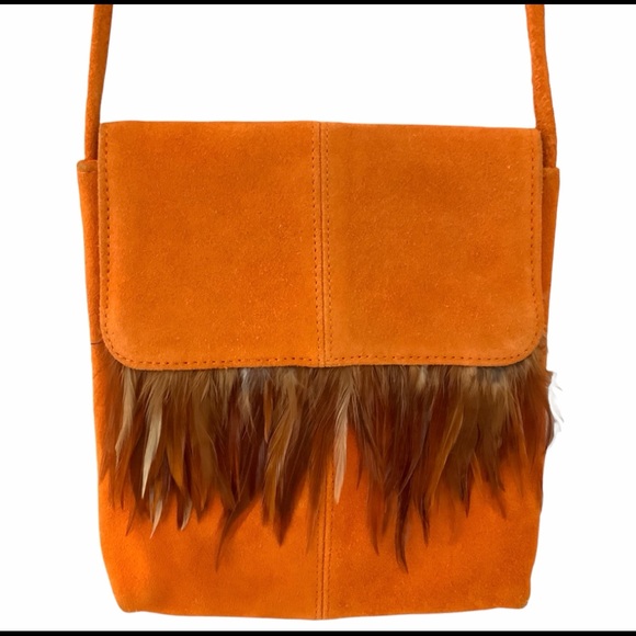 Handbags - Women’s Orange Suede Purse Crossbody Bag Feather Trim